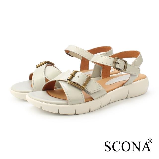 【SCONA 蘇格南】真皮 簡約舒適交叉涼鞋(米色 31265-2)
