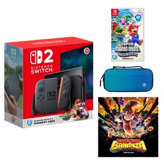 【Nintendo 任天堂】Switch 2 瑪利歐賽車世界 主機組+《蕉力全開》+《驚奇》+《良值 NS2收納包 藍》+《9H貼