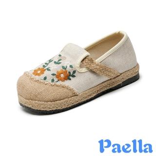 【Paella】平底樂福鞋 繡花樂福鞋/手工繡花彩色小花朵文藝風亞麻平底樂福鞋(米)