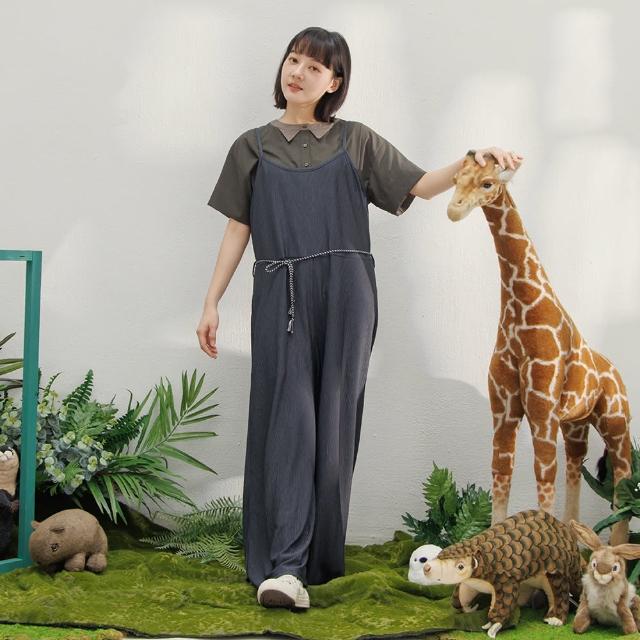 【MOSS CLUB】細肩帶壓褶連身長褲(黑 灰)