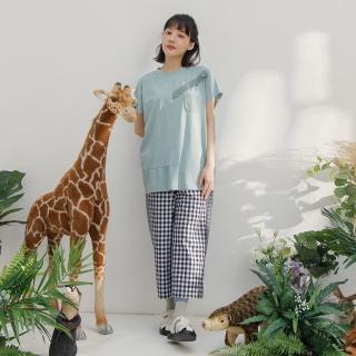 【MOSS CLUB】小格剪接斜邊格子直長褲(藍 黑)