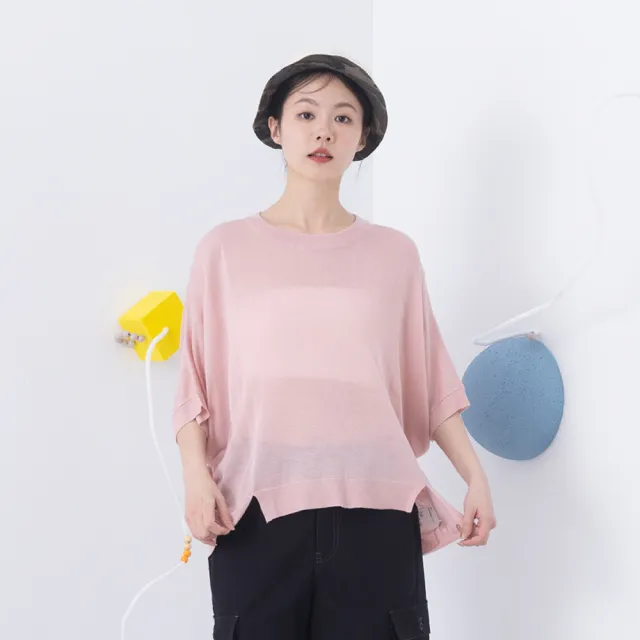 【MOSS CLUB】寬版蝙蝠袖短袖針織上衣(粉 綠 杏/魅力商品)