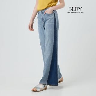 【ILEY 伊蕾】水鑽撞色水洗直筒棉質牛仔褲(藍；M-XL；1252268604)
