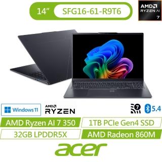 【Acer 宏碁】16吋 Ryzen AI 7 350文書AI筆電(Swift Go/SFG16-61-R9T6/Ryzen AI 7 350/32G/1TB/W11)