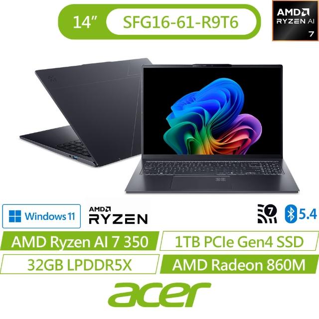【Acer 宏碁】16吋 Ryzen AI 7 350文書AI筆電(Swift Go/SFG16-61-R9T6/Ryzen AI 7 350/32G/1TB/W11)