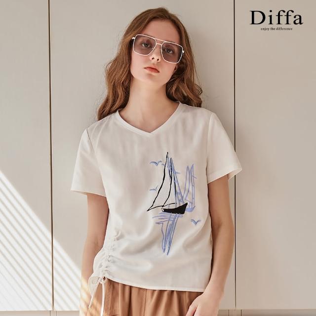 【Diffa】帆船印花異素材拼接綁帶針織衫-女