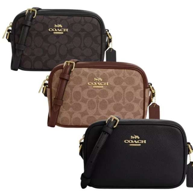 【COACH】金標LOGO荔枝皮革單層小相機包 斜背包-三款可選(coach 黑色 咖啡色 女包 斜背包 女包包 女用包)