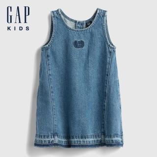 【GAP】女幼童裝 Logo刺繡圓領無袖牛仔洋裝-中度水洗(778359)