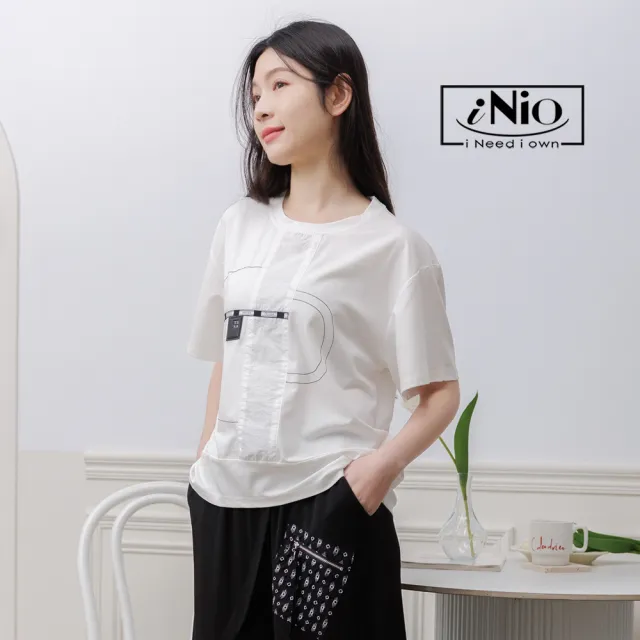 【iNio 衣著美學】短袖上衣 現貨 幾何圖 異材質拼接 圓領短袖棉T(CEW1059)