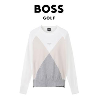 【BOSS GOLF】ARGYLE COLORBLOCK SWEATER 女士 拼接圓領長袖上衣(白/灰/杏拚色)