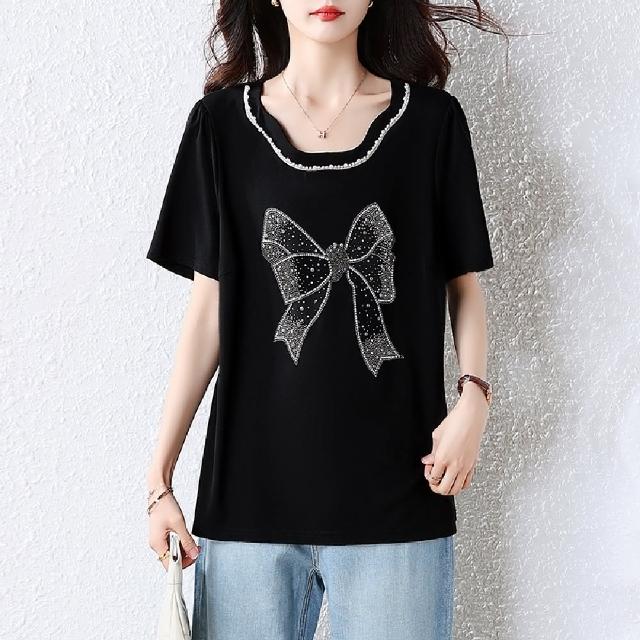 【LANNI 藍尼】★蝴蝶結燙鑽舒適上衣(女上衣/百搭/圓領/T恤)
