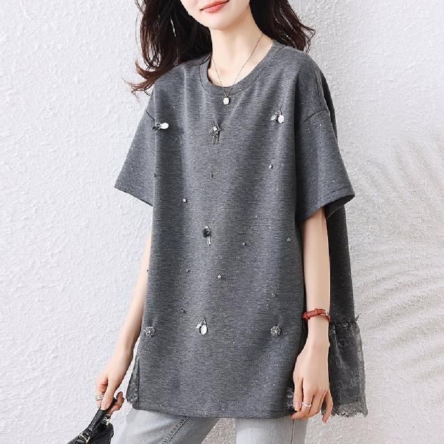 【LANNI 藍尼】★釘珠側邊蕾絲寬鬆上衣(女裝/休閒/百搭/T恤)