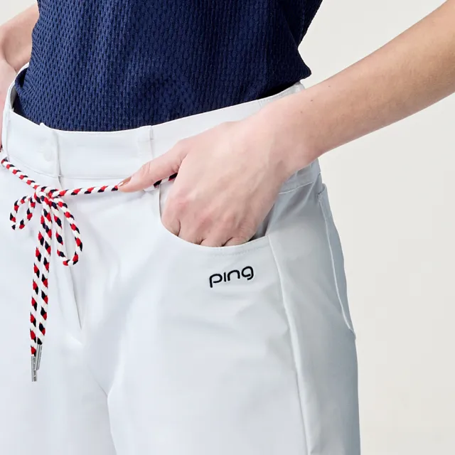 【PING】女款附腰繩高彈力休閒短褲-白(吸濕排汗/GOLF/高爾夫短裙/RD25101-87)