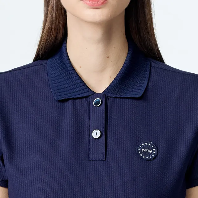 【PING】女款泡泡布抗UV高爾夫短袖POLO衫-深藍(環保素材/日本素材/GOLF/高爾夫球衫/RA25104-58)