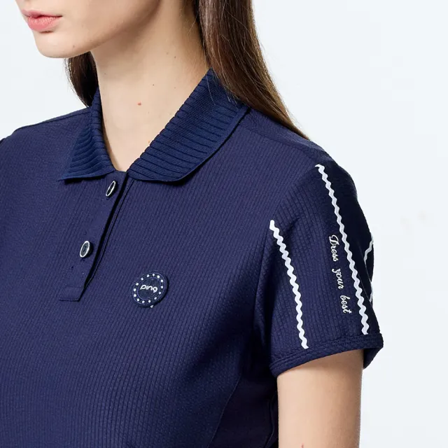 【PING】女款泡泡布抗UV高爾夫短袖POLO衫-深藍(環保素材/日本素材/GOLF/高爾夫球衫/RA25104-58)