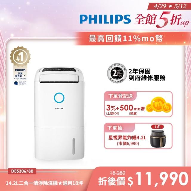 【Philips 飛利浦】14.2L抗敏清淨除濕機-雲朵白(DE5306/80)