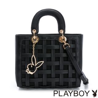 【PLAYBOY】手提包附長背帶 方格系列(黑色)