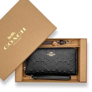 【COACH】專櫃禮盒版 男女生通用 黑色浮雕滿版LOGO 可拆手提把 皮夾 拉鍊長夾(CF464)
