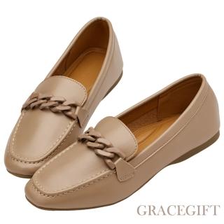 【Grace Gift】文青小方頭鍊條平底樂福鞋(灰褐)