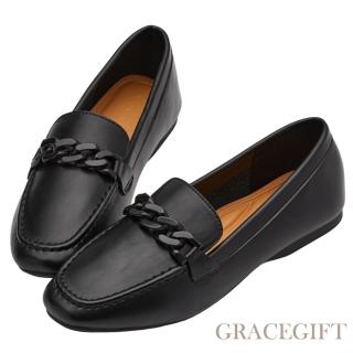 【Grace Gift】文青小方頭鍊條平底樂福鞋(黑)