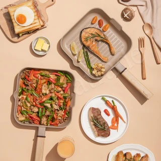 【Taste Plus】悅味元麥 陶土內外不沾鍋 方型平底鍋 牛排鍋 煎魚鍋 煎盤 烤盤 24cm(IH爐可用鍋)