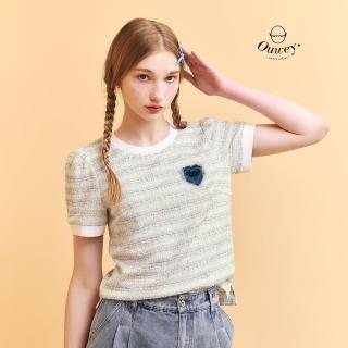 【OUWEY 歐薇】小香風愛心貼片彈性短版上衣(淺綠；S-L；3252321649)
