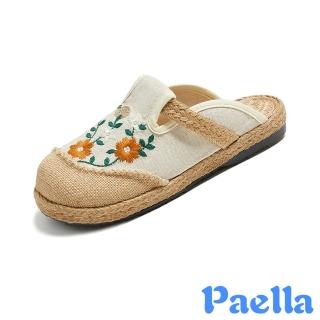 【Paella】平底拖鞋 包頭拖鞋/手工繡花彩色小花朵文藝風亞麻平底包頭拖鞋(米)