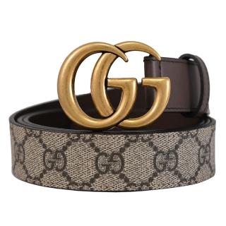 【GUCCI 古馳】GG Supreme 金屬雙G LOGO印花拼接時尚皮帶(棕邊)