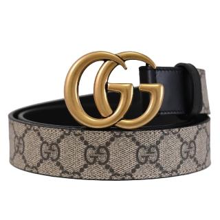 【GUCCI 古馳】GG Supreme 金屬雙G LOGO印花拼接時尚皮帶(黑邊)