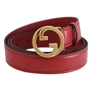 【GUCCI 古馳】Blondie 金屬雙G LOGO素面皮革時尚皮帶(深紅)