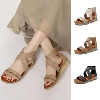 【J&H collection】波希米亞風水鑽編織交叉厚底涼鞋 羅馬鞋(米白色 / 黑色 / 棕色)