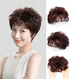 自然波浪捲捲真人髮片短假髮(3D真人髮絲 無痕隱形 頭頂補髮 遮白髮 成熟女士)