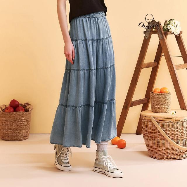 【OUWEY 歐薇】100%萊賽爾剪接蛋糕長裙(藍；S-L；3252398225)