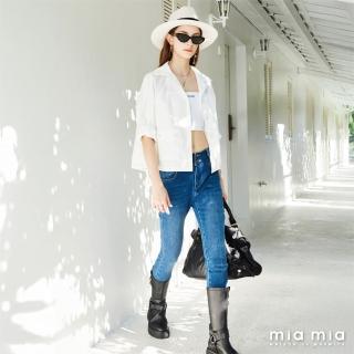 【mia mia】LOGO飾帶窄管牛仔褲