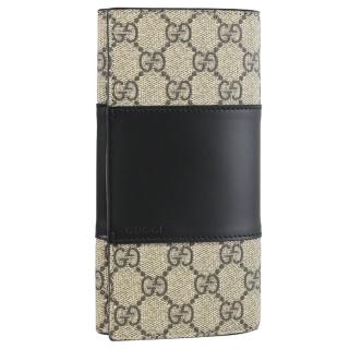 【GUCCI 古馳】經典雙G LOGO緹花條紋拼接多功能扣式長夾(黑)