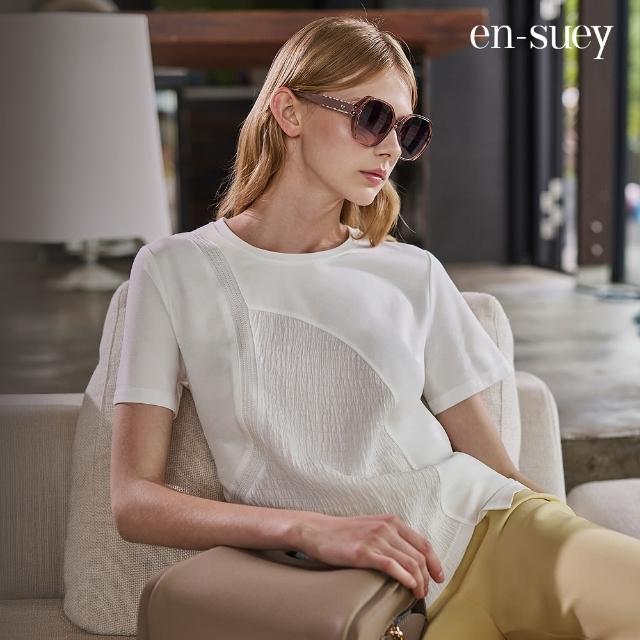 【en-suey 銀穗】不規則拼接紋理感短袖上衣-女