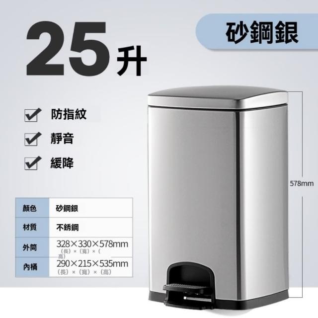 【巧可】430不鏽鋼垃圾桶 25L雙內桶垃圾桶 鏡面抗指紋款(商用垃圾桶 腳踩液壓緩降式垃圾桶)