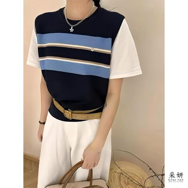 【CHAI YAN 采妍】跳色袖子條紋針織圓領短袖上衣(春夏新款上衣-65-78公斤可穿)