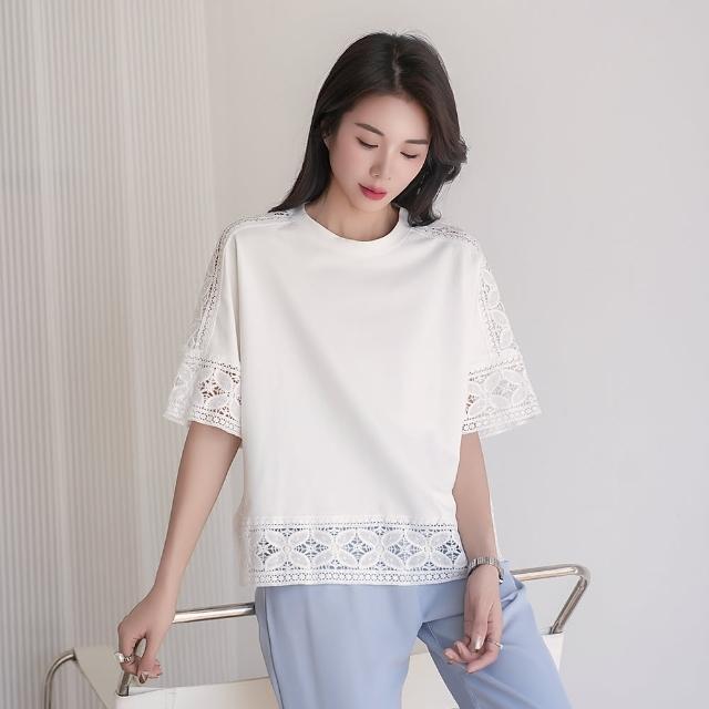 【MYDRESS】蕾絲鏤空拼接短袖上衣