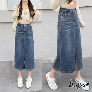 【buyer 白鵝】韓妞 刷色下擺 開叉 彈性 七分裙 牛仔裙(牛仔藍M-XL)