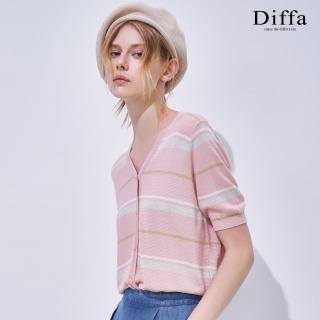 【Diffa】撞色彩條短袖開襟線衫-女