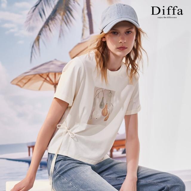 【Diffa】印圖側邊綁帶短袖針織衫-女