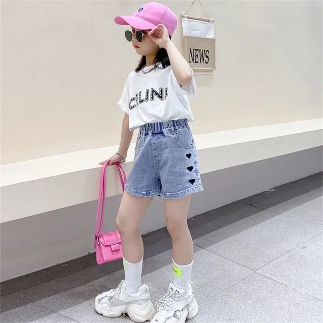 【安朵童舖】現貨韓版兒童牛仔短褲女童彈力褲腰牛仔熱褲女寶休閒短褲
