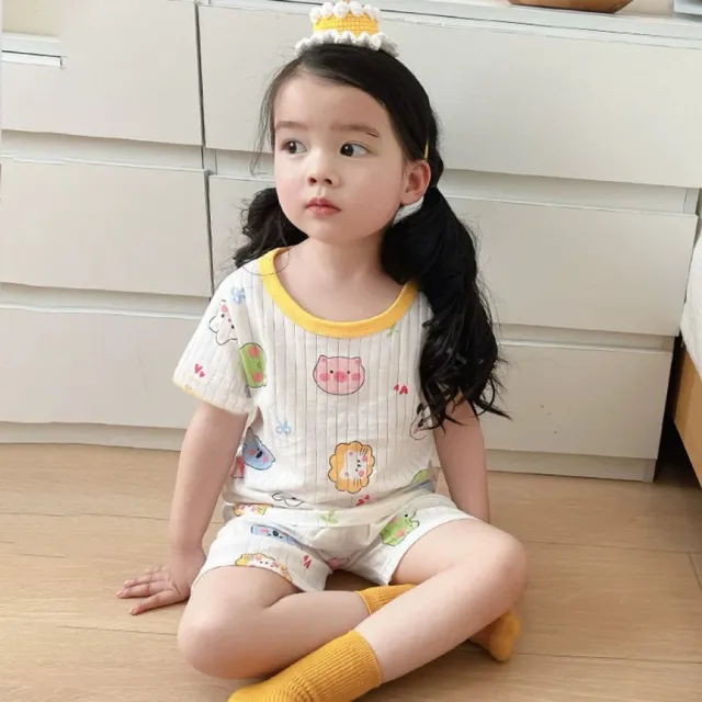 【安朵童舖】現貨韓版兒童竹節棉冰絲短袖套裝女童印花空調套裝男童短袖睡衣套裝短袖上衣短褲兩件套(050)