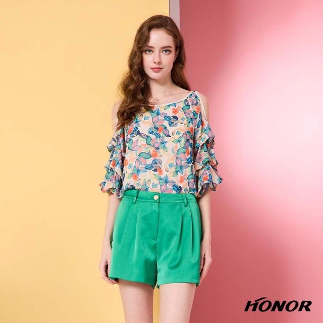 【HONOR 山形屋】繽紛花葉印花露肩雪紡上衣-米白
