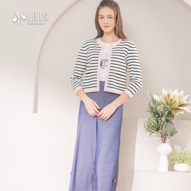 【IRIS 艾莉詩】撞色飾邊條紋針織上衣-2色(52808)