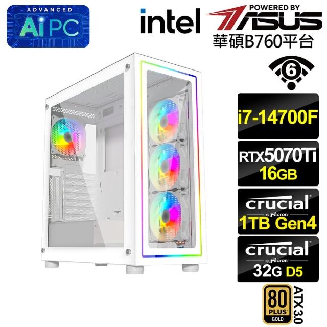 【華碩平台】i7廿核GeForce RTX 5070 TI{洛基L7EC}電競電腦(i7-14700F/B760/32G D5/1TB/WIFI)