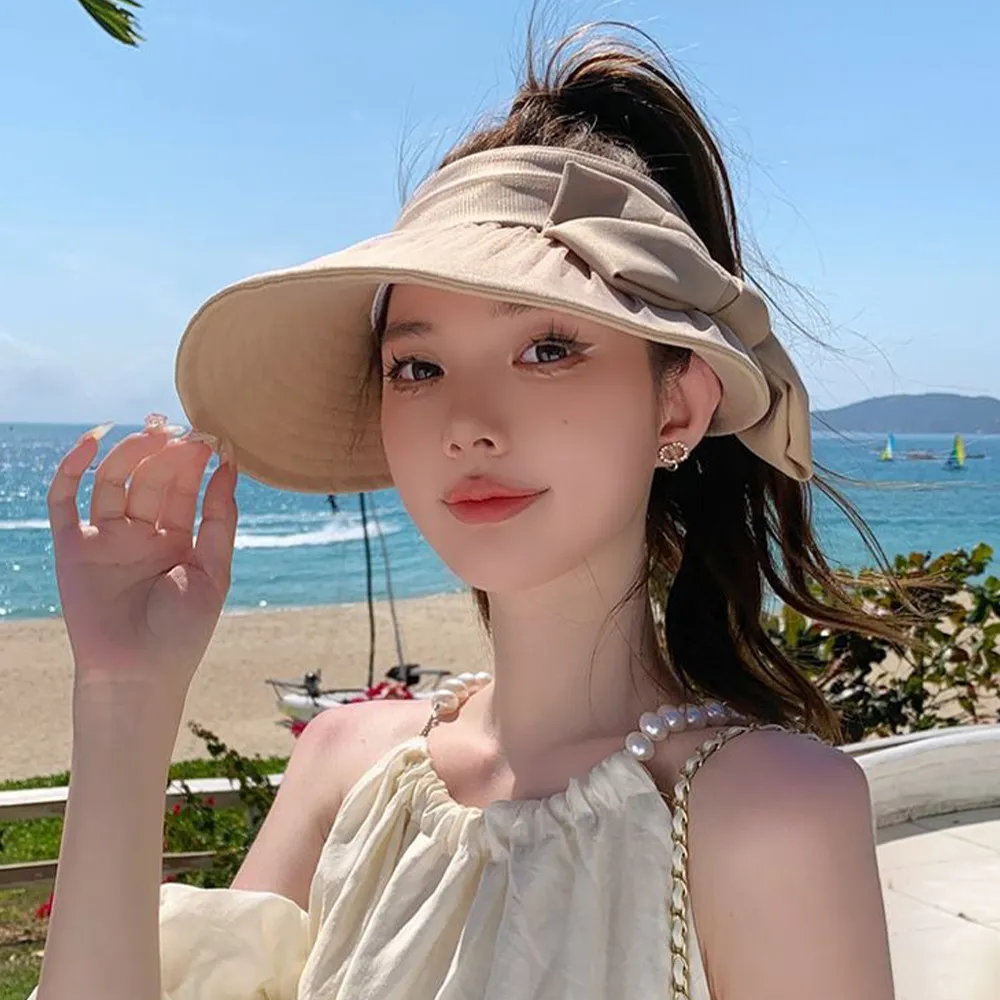 【LEEHER】618 女生/帽子/遮陽帽/薄紗蝴蝶結/大蝴蝶結/空頂帽/防曬帽/顯臉小/頭圍可調/魔鬼氈黏貼/