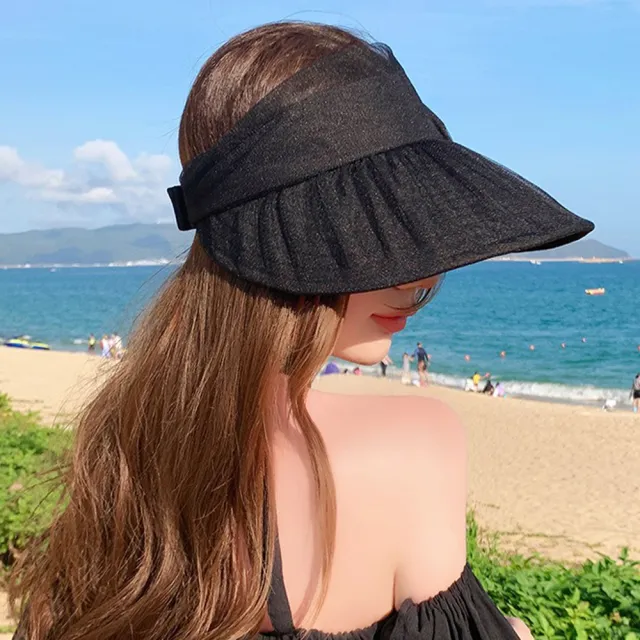 【LEEHER】618 女生/帽子/遮陽帽/薄紗蝴蝶結/大蝴蝶結/空頂帽/防曬帽/顯臉小/頭圍可調/魔鬼氈黏貼/