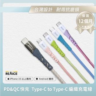 【REAICE】Type-C to Type-C 1.2M 耐磨編織充電線 60W快充/傳輸線(Android手機/平板/iPhone15系列適用)